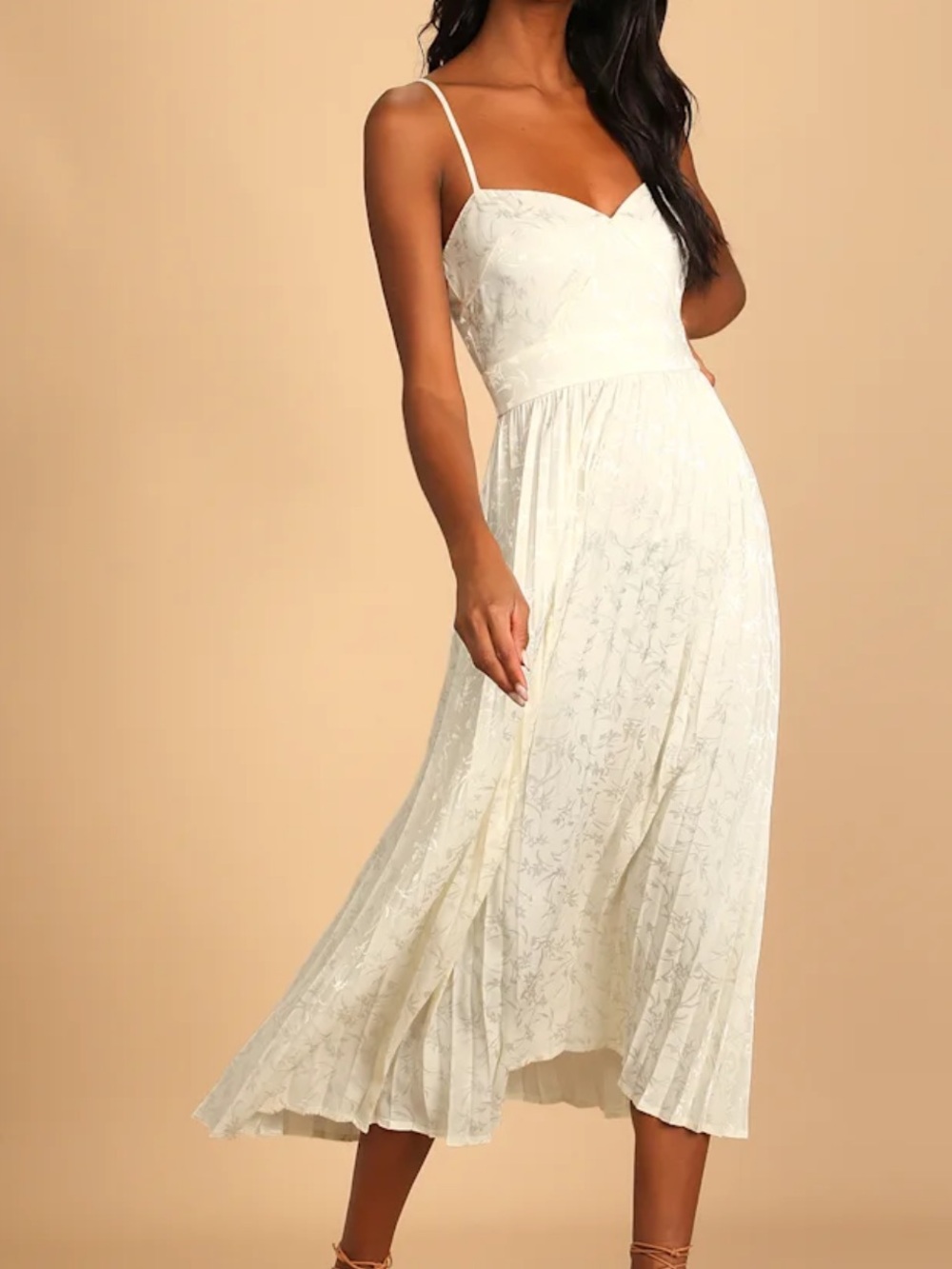 NWT Lulus Regal Romance Ivory Floral Jacquard Pleated Satin Midi Dress - Picture 2 of 7